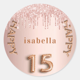 Sticker Rond Quinceanera 15e rose parties scintillant rose or