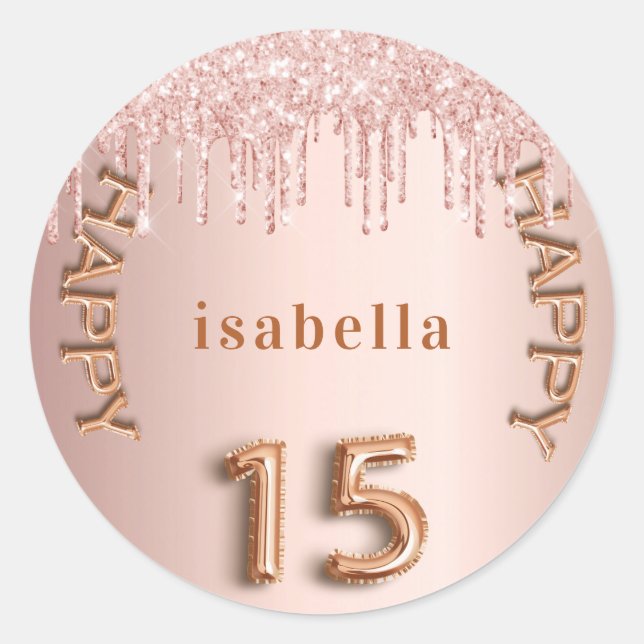 Sticker Rond Quinceanera 15e rose parties scintillant rose or (Devant)