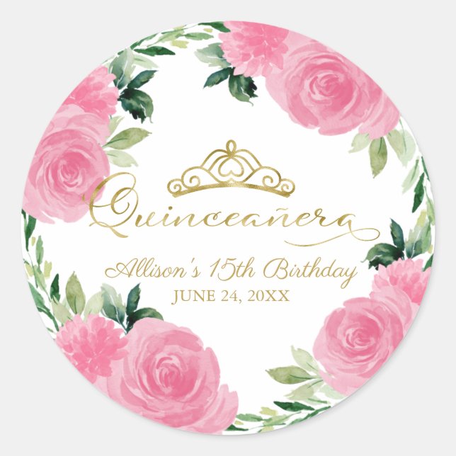 Sticker Rond Quinceanera à fleurs roses chaudes (Devant)