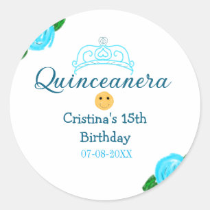 Sticker Rond Quinceanera anos 15e anniversaire bleu rose couron