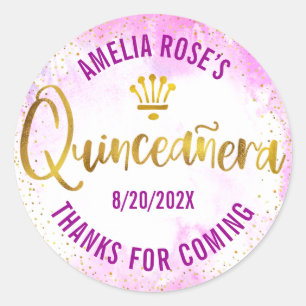 Sticker Rond Quinceañera Aquarelle rose or huile glam moderne