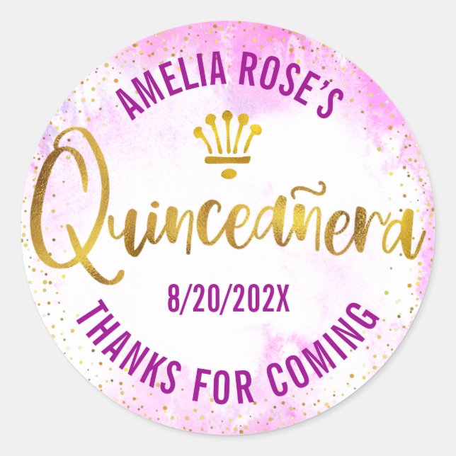 Sticker Rond Quinceañera Aquarelle rose or huile glam moderne (Devant)
