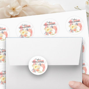 Sticker Rond Quinceanera Aquarelle rose pâle Floral 15 personna