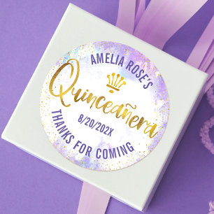 Sticker Rond Quinceañera Aquarelle Violet Papier Doré Élégant
