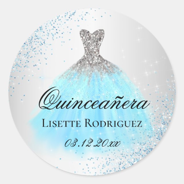 Sticker Rond Quinceanera Argent Et Bleu Clair (Devant)