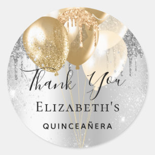 Sticker Rond Quinceanera argent or parties scintillant ballons