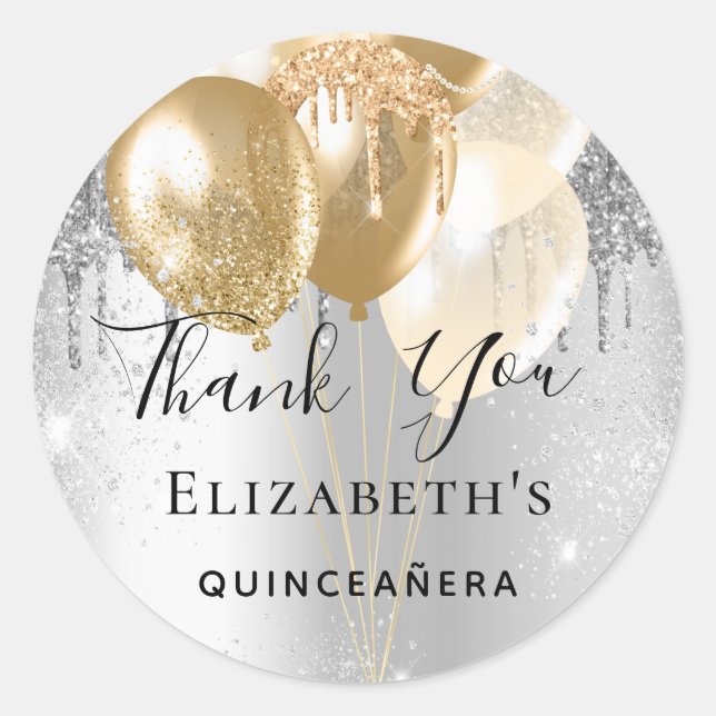 Sticker Rond Quinceanera argent or parties scintillant ballons  (Devant)