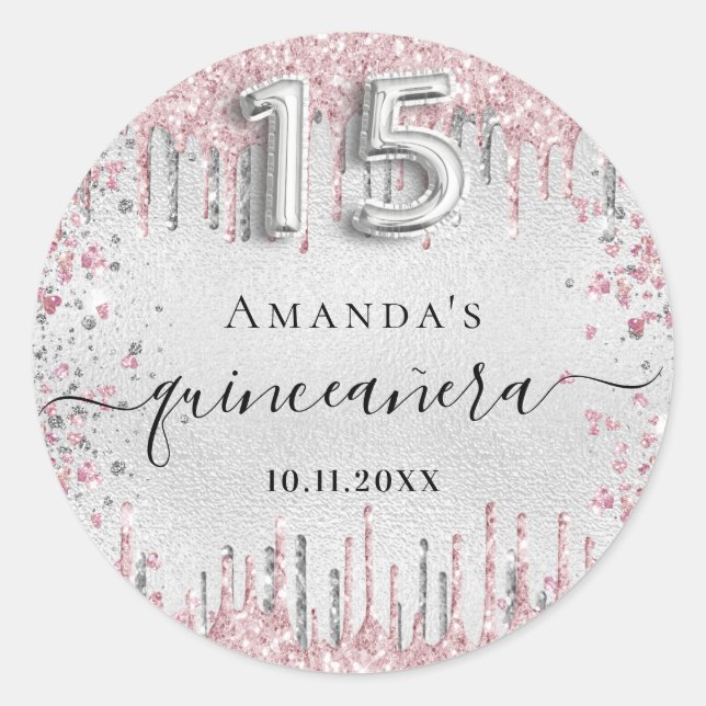 Sticker Rond Quinceanera argent rose parties scintillant nom go (Devant)