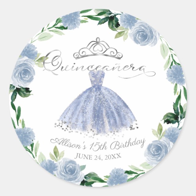Sticker Rond Quinceanera bleu clair argent gown floral (Devant)