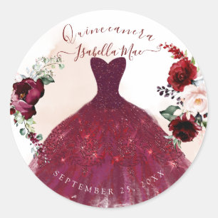 Sticker Rond Quinceanera Blush Bourgogne Aquarelle Fleurs