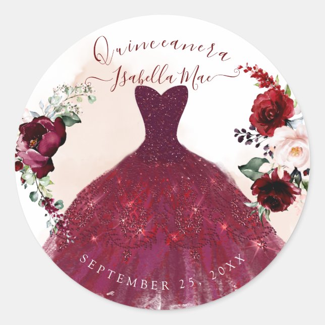 Sticker Rond Quinceanera Blush Bourgogne Aquarelle Fleurs (Devant)