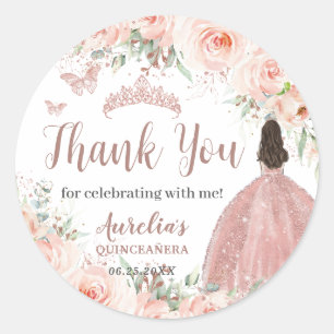 Sticker Rond Quinceanera Blush Floral Rose Gold Princesse Robe