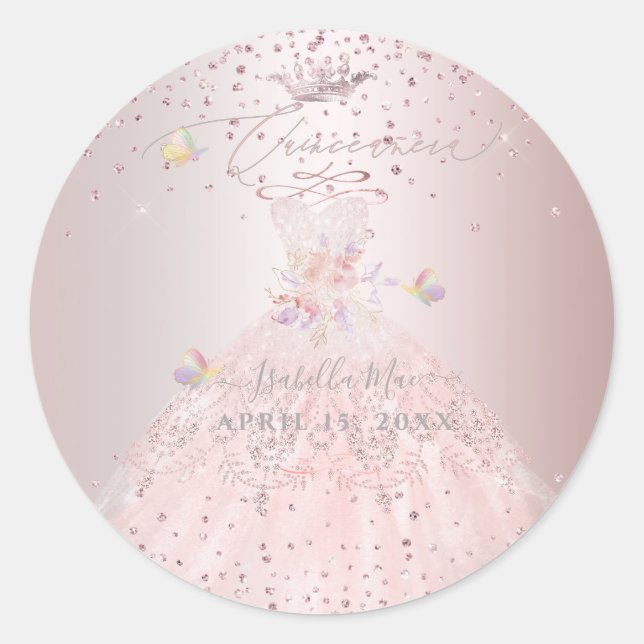 Sticker Rond Quinceanera Blush Parties scintillant Gown Sweet P (Devant)