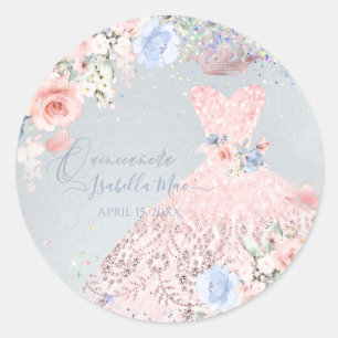Sticker Rond Quinceanera Blush Pink Glitter Gown Blush Roses