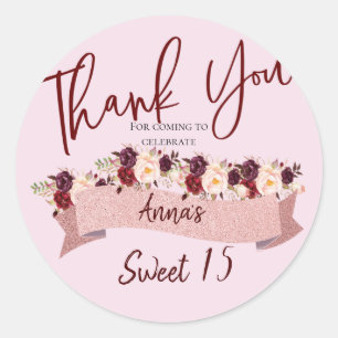 Sticker Rond Quinceañera Blush rose Parties scintillant Floral 