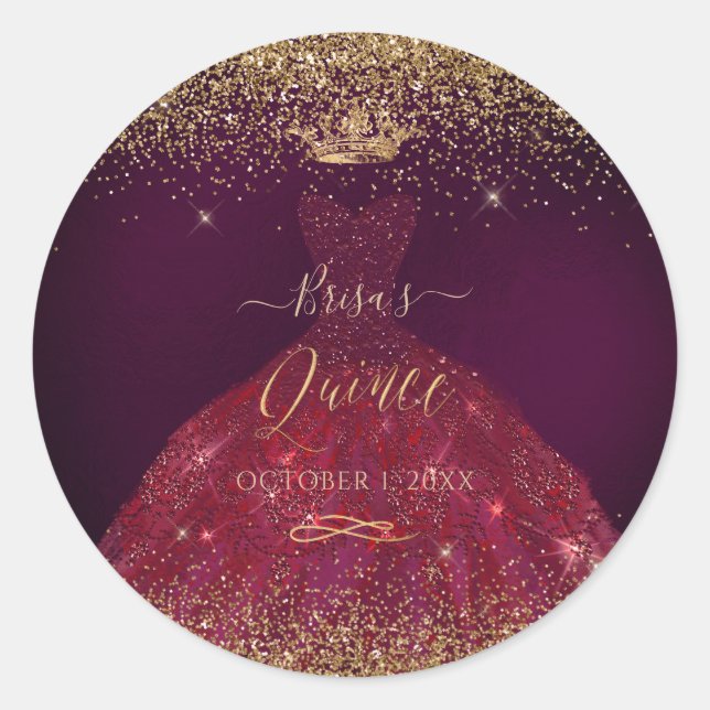 Sticker Rond Quinceanera Bourgogne Gold Parties scintillant Pri (Devant)