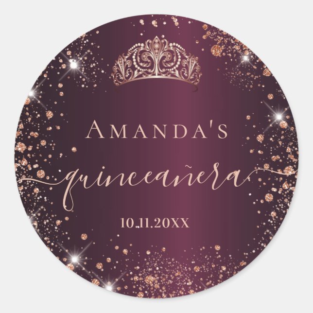 Sticker Rond Quinceanera Bourgogne rose or tiara nom script (Devant)
