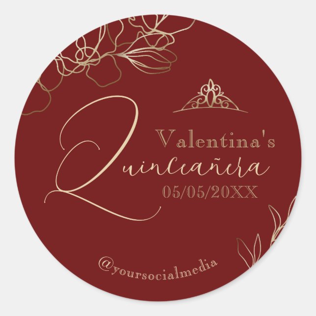Sticker Rond Quinceañera Bourgogne Rouge Floral (Devant)