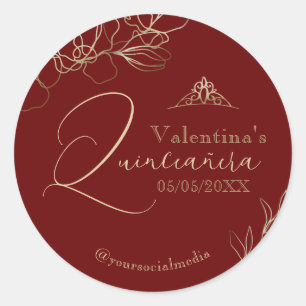 Sticker Rond Quinceañera Bourgogne Rouge Floral