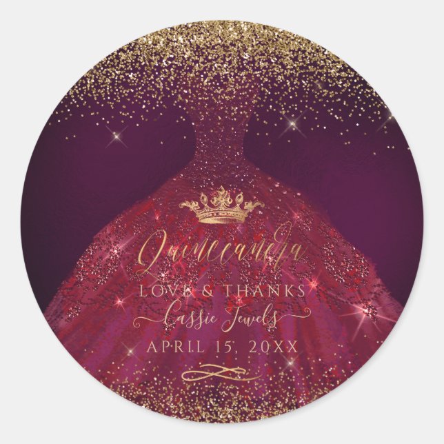Sticker Rond Quinceañera Burgundy Sparkle Gown (Devant)
