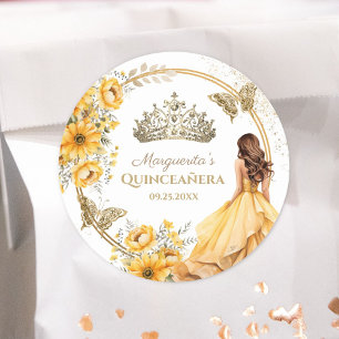 Sticker Rond Quinceañera Couronne papillon floral jaune en or