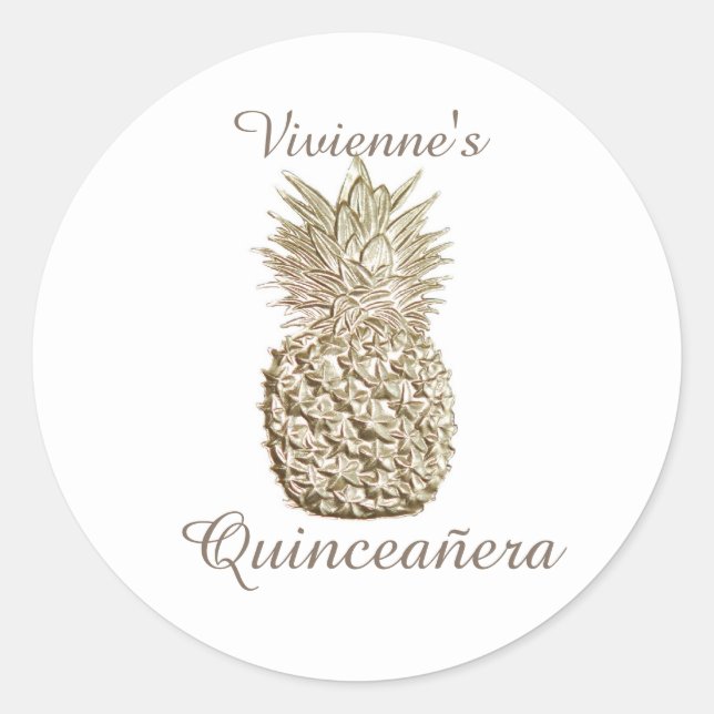 Sticker Rond Quinceanera d'ananas en or (Devant)