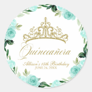 Sticker Rond Quinceanera Dieu Parties scintillant Tiara Turquoi