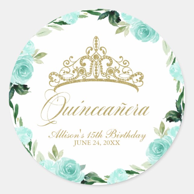 Sticker Rond Quinceanera Dieu Parties scintillant Tiara Turquoi (Devant)