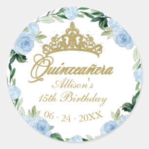 Sticker Rond Quinceanera Dieu Tiara Baby Blue Floral