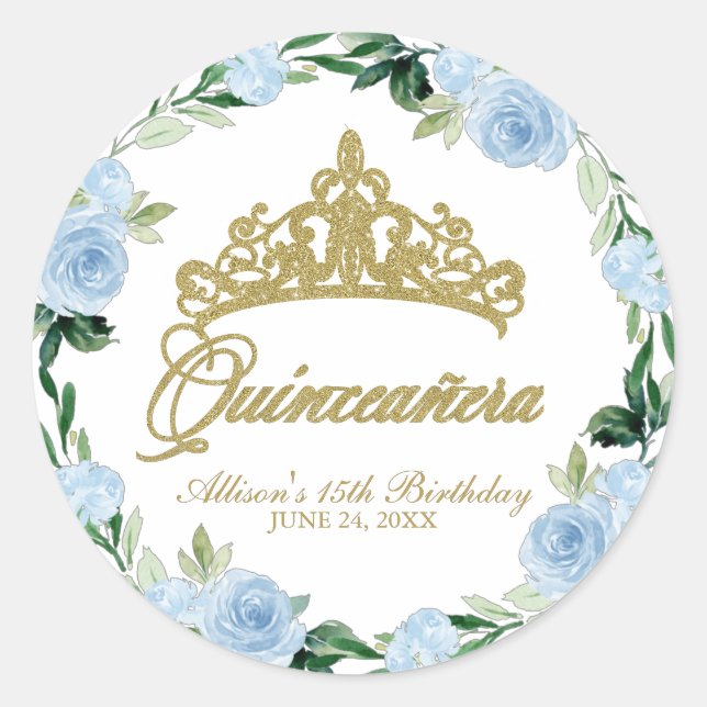 Sticker Rond Quinceanera Dieu Tiara Baby Blue Floral (Devant)