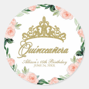 Sticker Rond Quinceanera Dieu Tiara Blush rose Floral