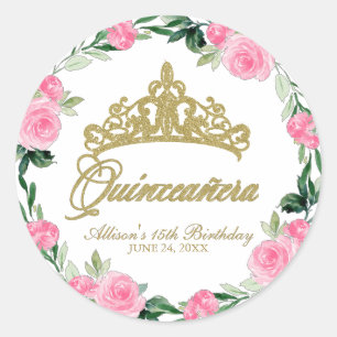 Sticker Rond Quinceanera Dieu Tiara Hot rose Floral