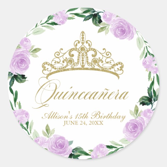 Sticker Rond Quinceanera Dieu Tiara Purple Lilac Floral (Devant)