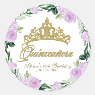 Sticker Rond Quinceanera Dieu Tiara Purple Lilac Floral