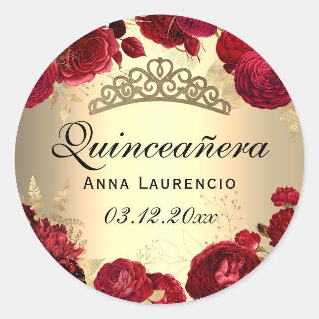 Sticker Rond Quinceanera d'or Rose à fleurs rouges (Devant)