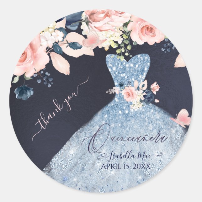 Sticker Rond Quinceanera Dusty Blue Parties scintillant Gown Bl (Devant)