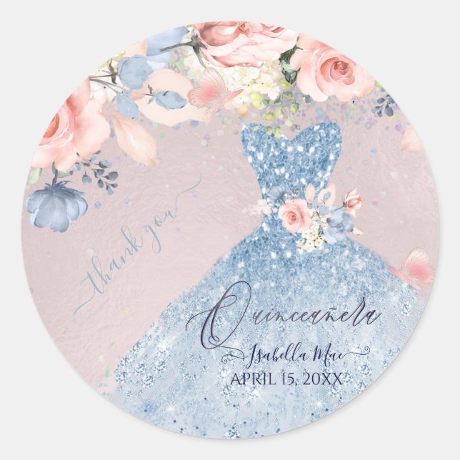 Sticker Rond Quinceanera Dusty Blue Parties scintillant Gown Bl (Devant)