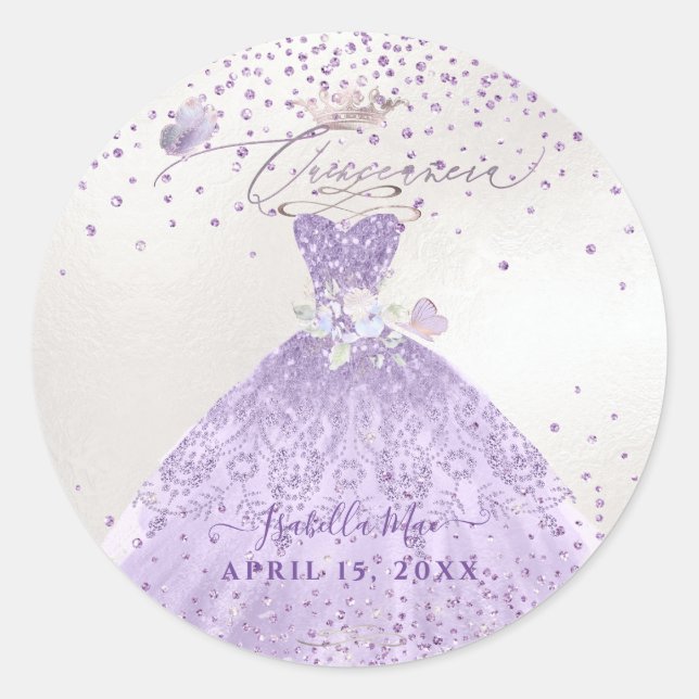 Sticker Rond Quinceanera Dusty Purple Argent Parties scintillan (Devant)