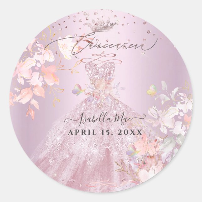 Sticker Rond Quinceanera Dusty Rose Parties scintillant Gown Po (Devant)