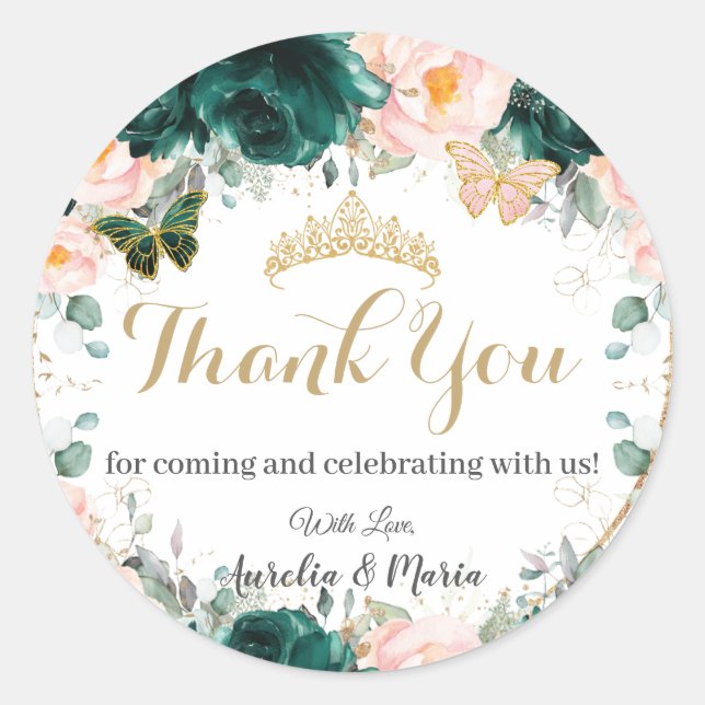 Sticker Rond Quinceañera Emerald Green Blush Floral Twins (Devant)