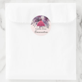 Sticker Rond Quinceañera en robe rose avec violet aquarelle