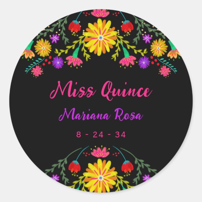 Sticker Rond Quinceanera Fiesta Mexicaine Florale Anniversaire (Devant)