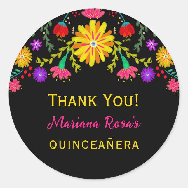 Sticker Rond Quinceanera Fiesta Mexicaine Florale Anniversaire (Devant)