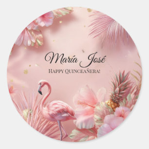 Sticker Rond Quinceañera Flamant Tropical, personnalisé