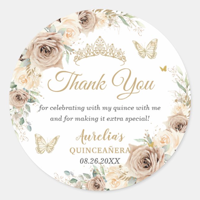 Sticker Rond Quinceañera Fleur beige crème de champagne Douce 1 (Devant)