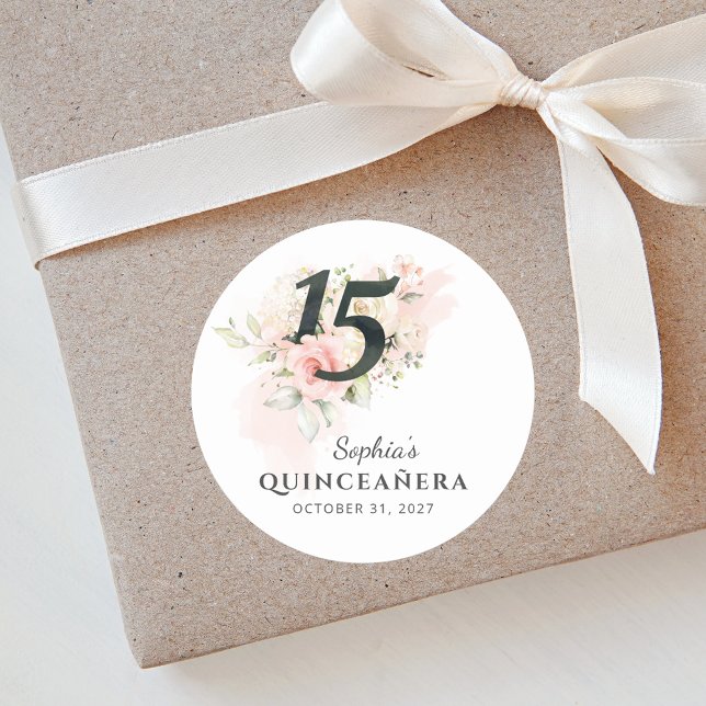 Sticker Rond Quinceanera Floral rose 15e Anniversaire Floral (Pink Floral Quinceanera 15th Birthday Party Bold Round Sticker)