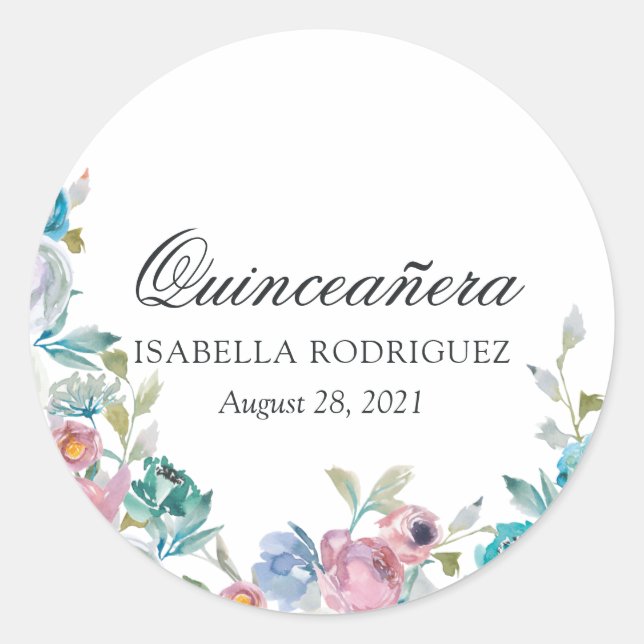 Sticker Rond Quinceañera florale bleu et turquoise (Devant)