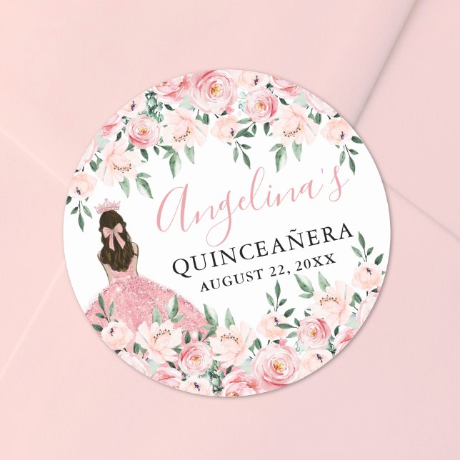 Sticker Rond Quinceanera florale de Couronne rose pâle (Blush Pink Crown Floral Quinceanera Classic Round Sticker )