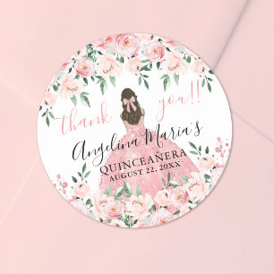 Sticker Rond Quinceanera florale en Merci rose