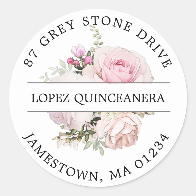 Sticker Rond Quinceanera Florale Rose Adresse de retour Label (Devant)